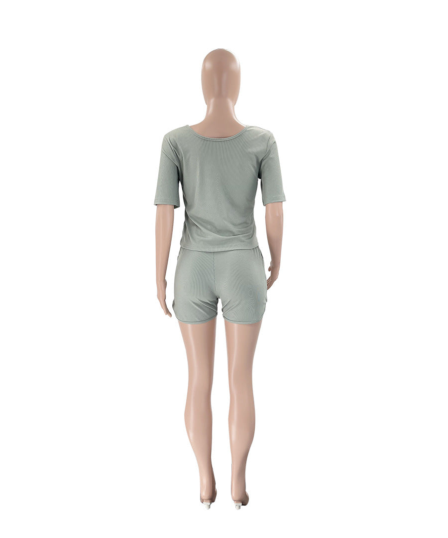 Summer Fashion Casual Sports Solid Color U-Neck Short Sleeve Two Piece Shorts Set Women's Clothing 13