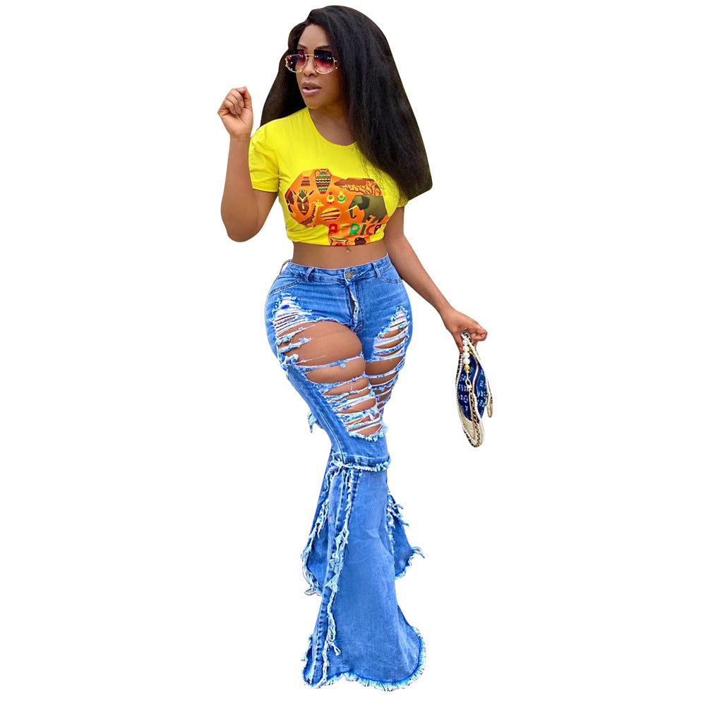 Women's Fall/Winter Style Front And Back Ripped Denim Bell Bottom Pants 6