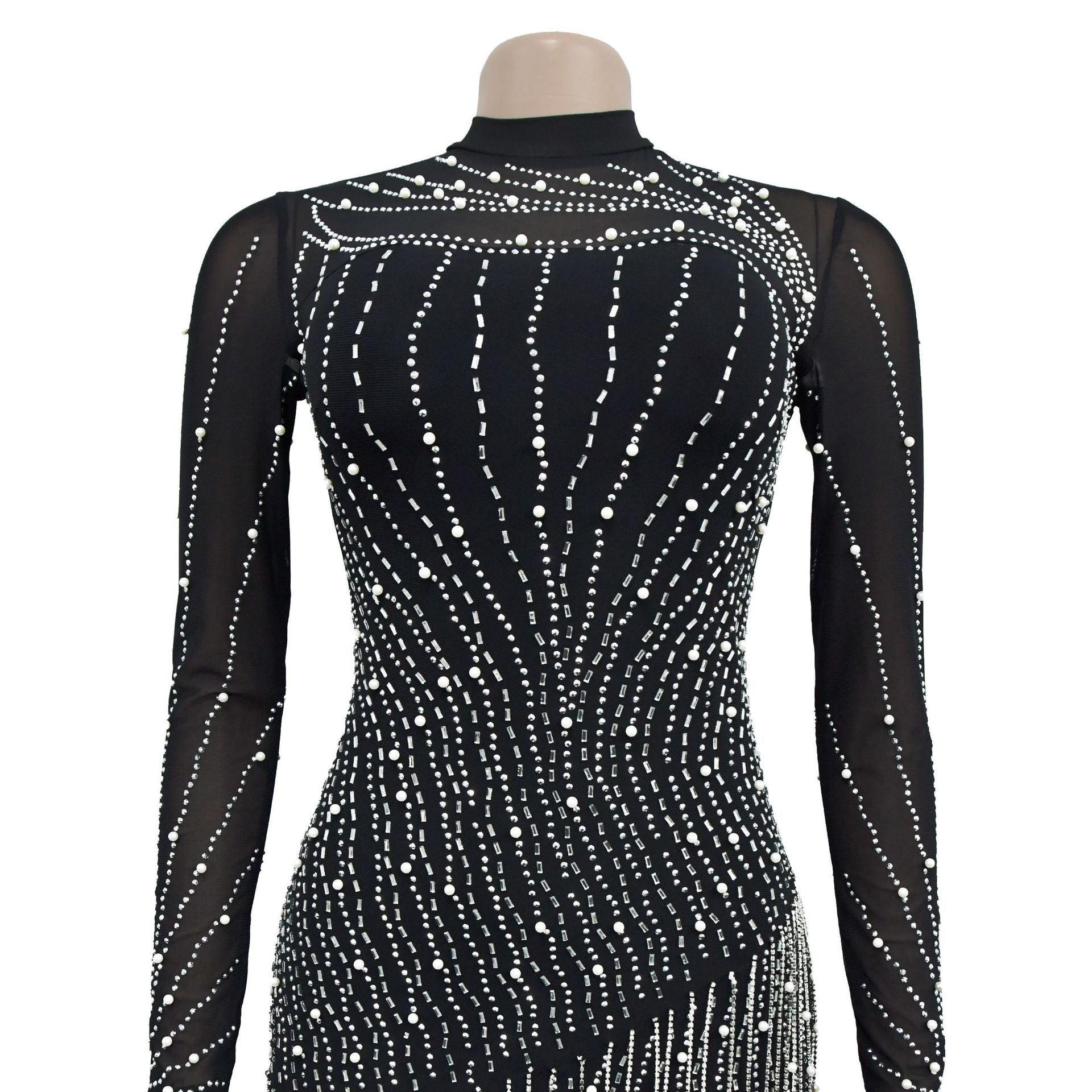 Fashion Ladies Long Sleeve Beaded Mesh See-Through Dress 13