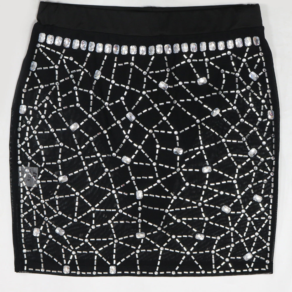 Women Beaded Mesh Sleeveless Round Neck Top and Bodycon Mini Skirt with Panties Two-piece Set 20