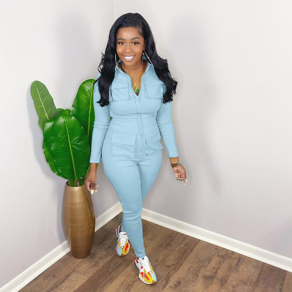 Women's Fall/Winter Solid Color Zip Pocket Cargo Jumpsuit 5