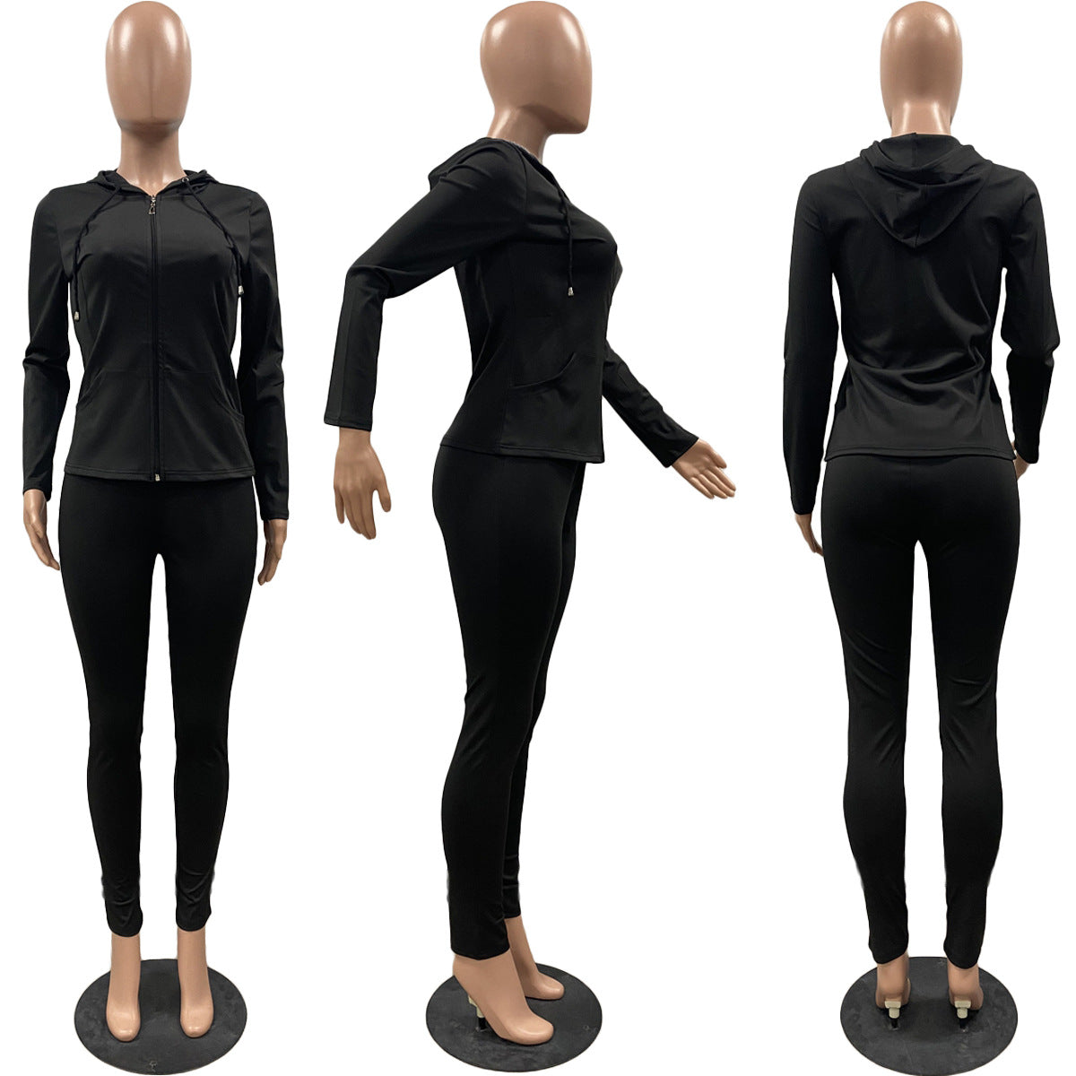 Women Summer Sports Hooded Full Sleeves Solid Pockets Regular Two Piece Pants Set 53