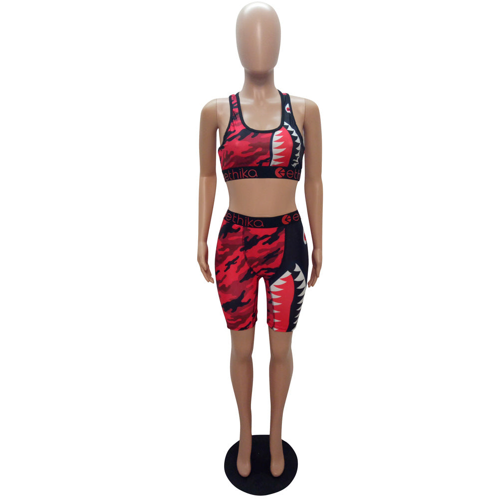 Cartoon Print Casual Camouflage Tank Biker Shorts Two-Piece Set 19