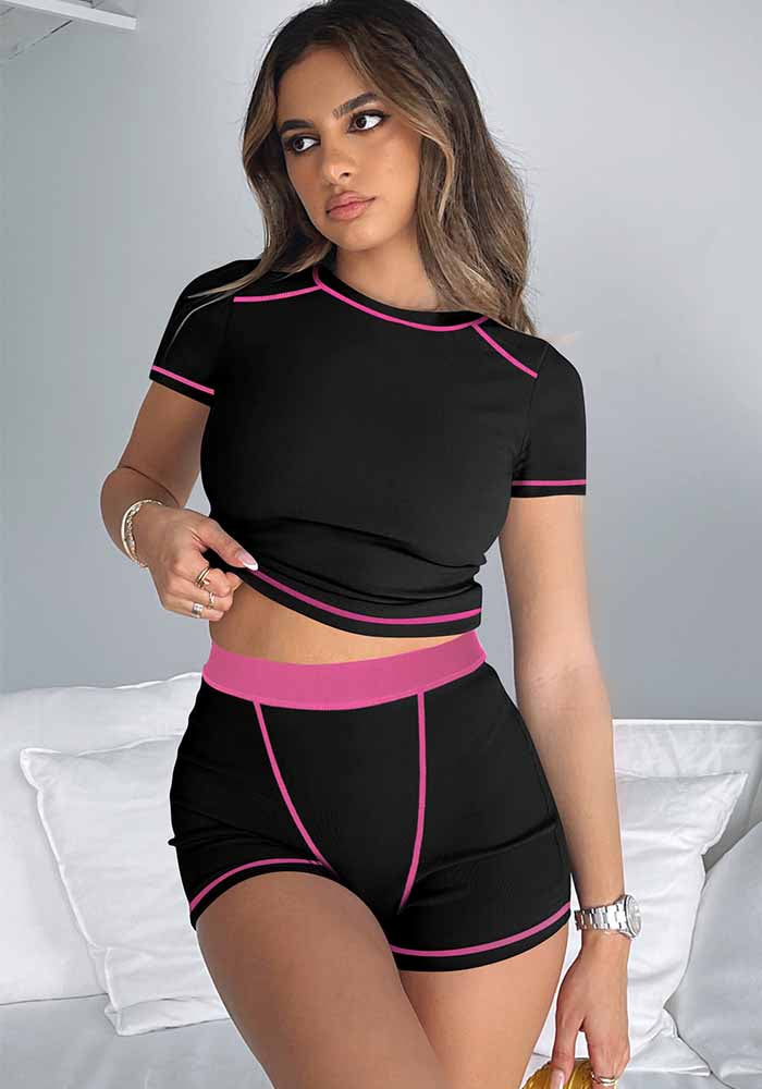 Women Casual Ribbed Contrast Color Short Sleeve Top and Shorts Two-piece Set 5