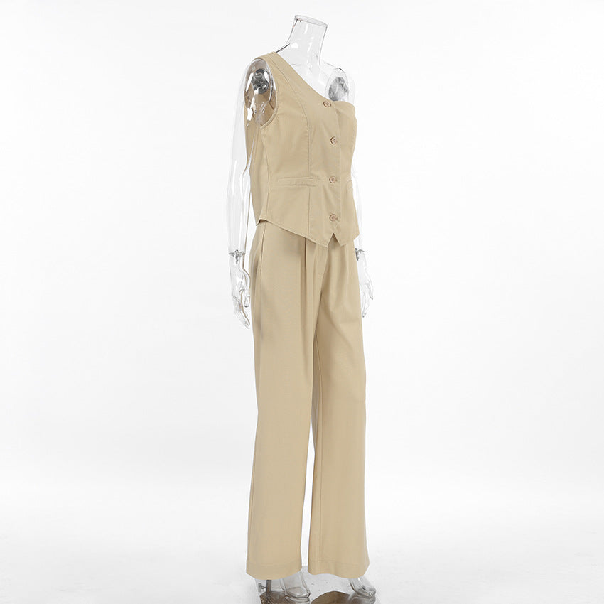 Spring Summer Linen Sleeveless Slash Shoulder Vest Wide Leg Pants Fashionable Two-Piece Set 9