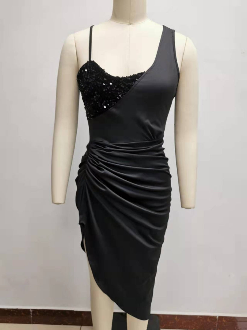 Women's Solid Sexy Sequin Slit Maxi Pleated One-Shoulder Evening Dress 26