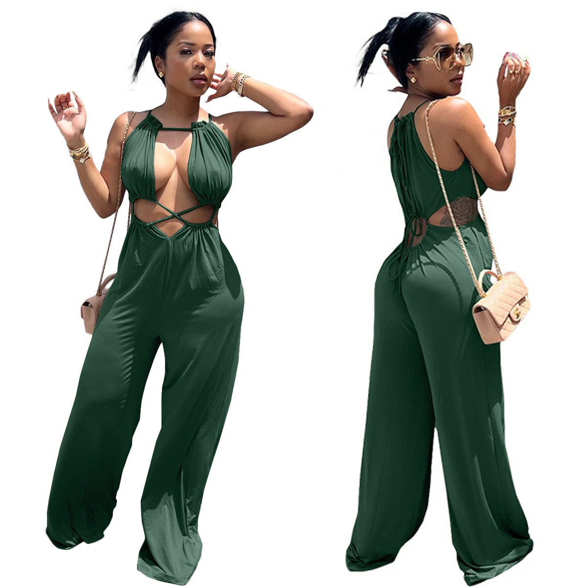Sexy Irregular Lace-Up Wrap Chest Loose Wide Leg Jumpsuit 7
