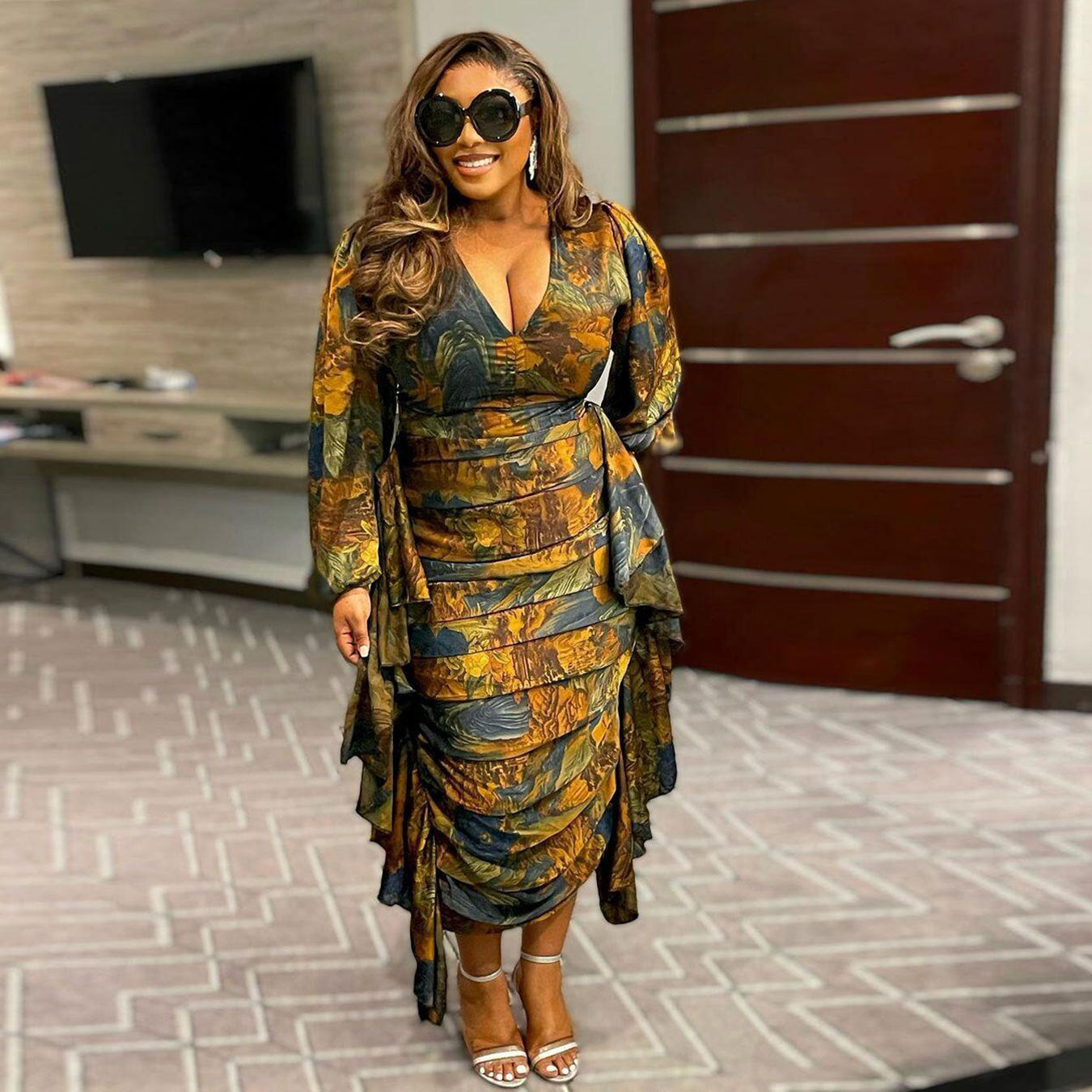 Sexy Printed Ruffled Balloon Sleeve Slim Long Sleeve Bodycon Dress