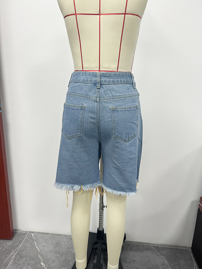 Summer Women's Denim Shorts Ripped Loose High Waist Knee-Length Shorts 28