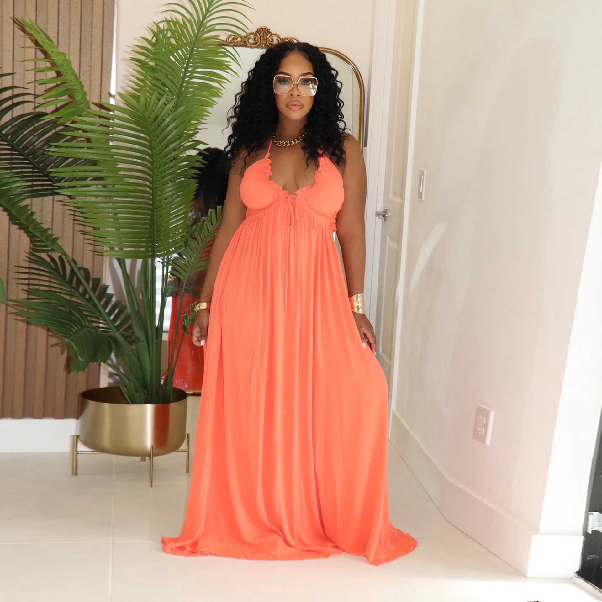 Women Casual Drawstring Lace V-Neck Solid Slip Dress 6