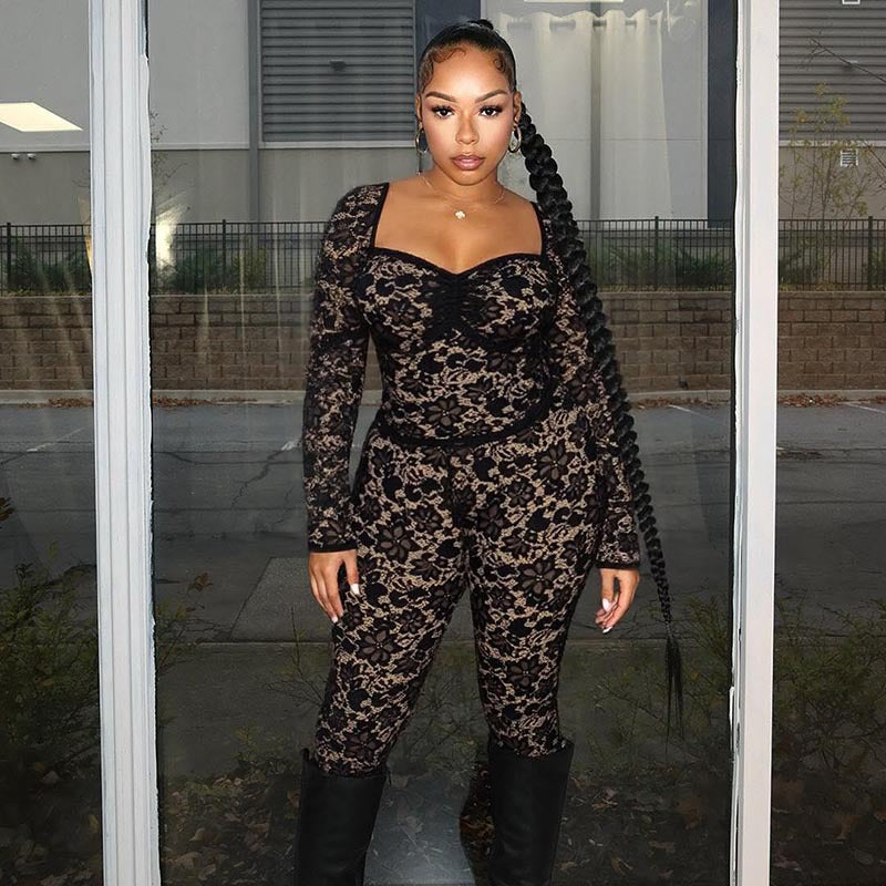 Women's Lace See-Through Long Sleeve Top & Tight Fitting Pants Two-Piece Set 14