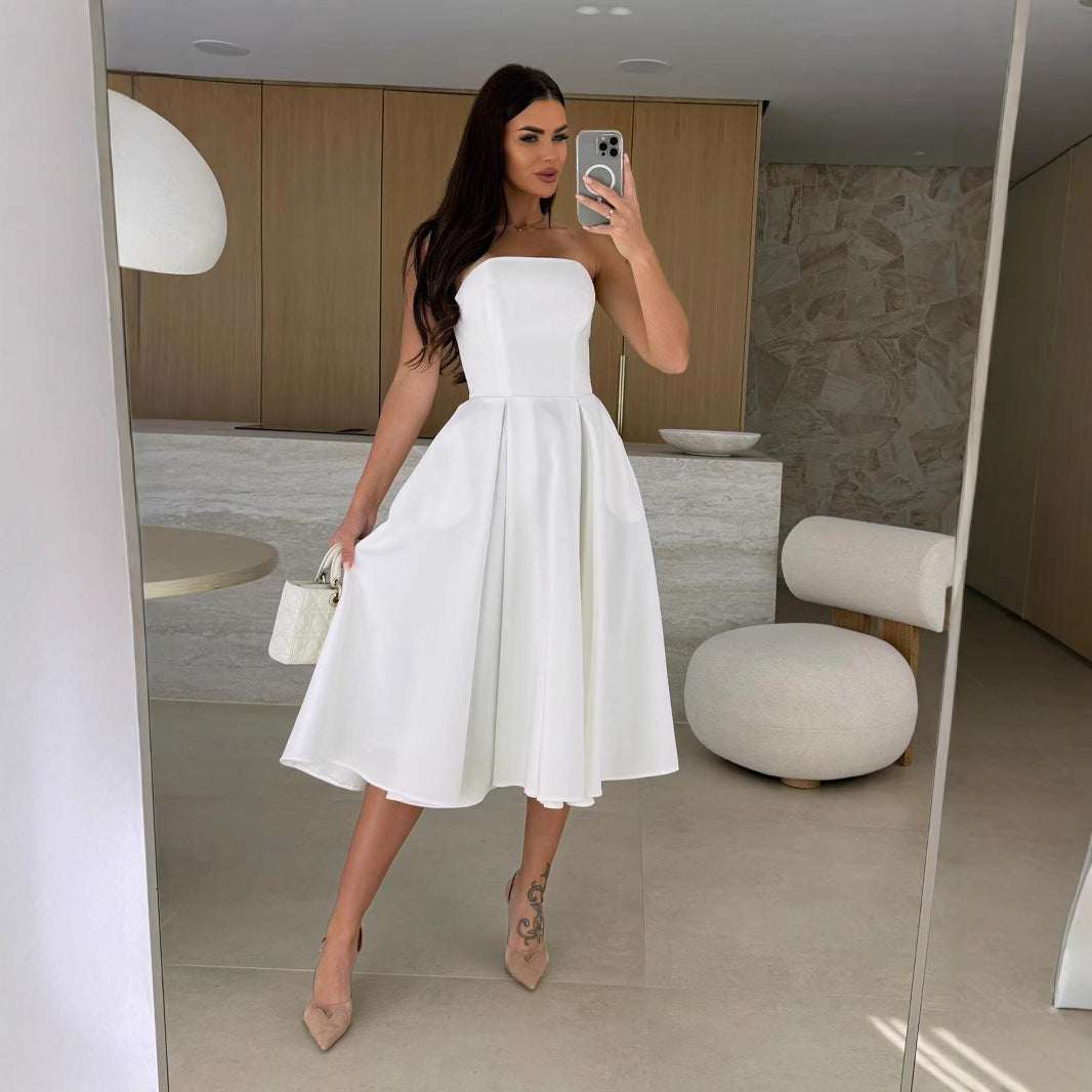 Summer Solid Chic Strapless A-line Midi Dress 7