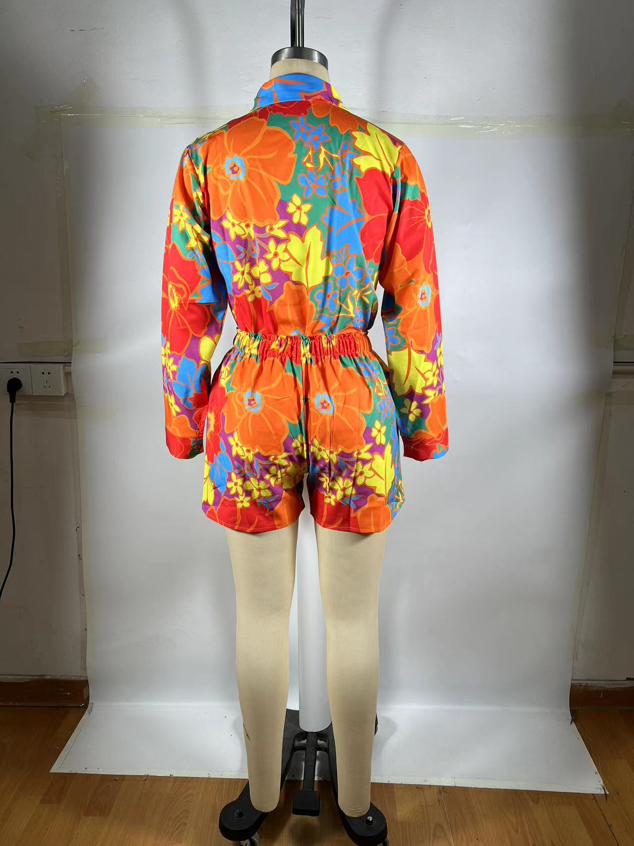 Summer Women Flower Print Long Sleeve Shirt Shorts Two-piece Set 7