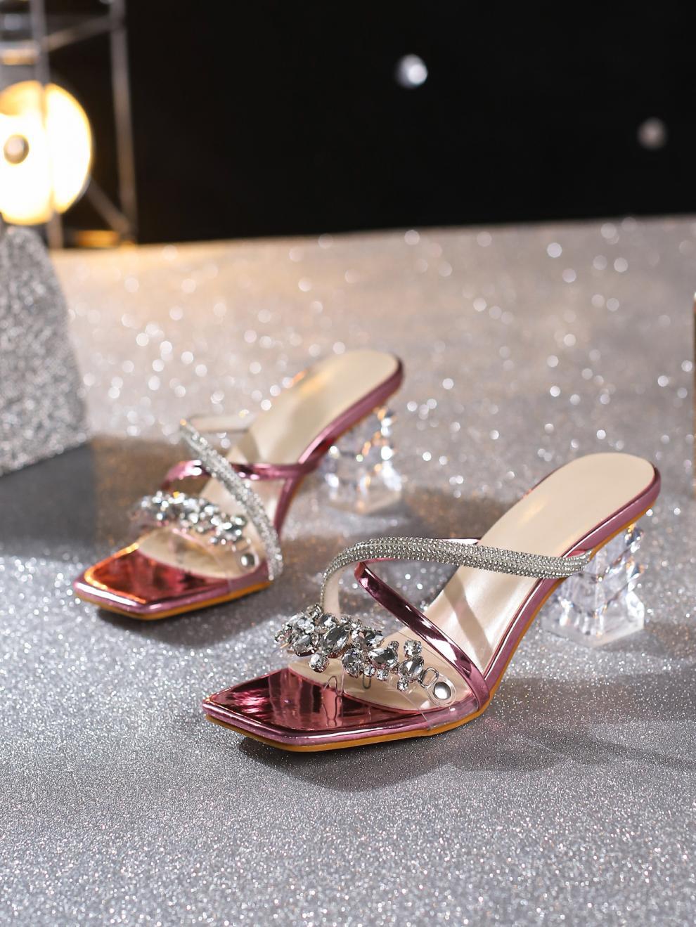 Women Square Toe Diamond Block Heel High Heel Open Toe Sandals 18