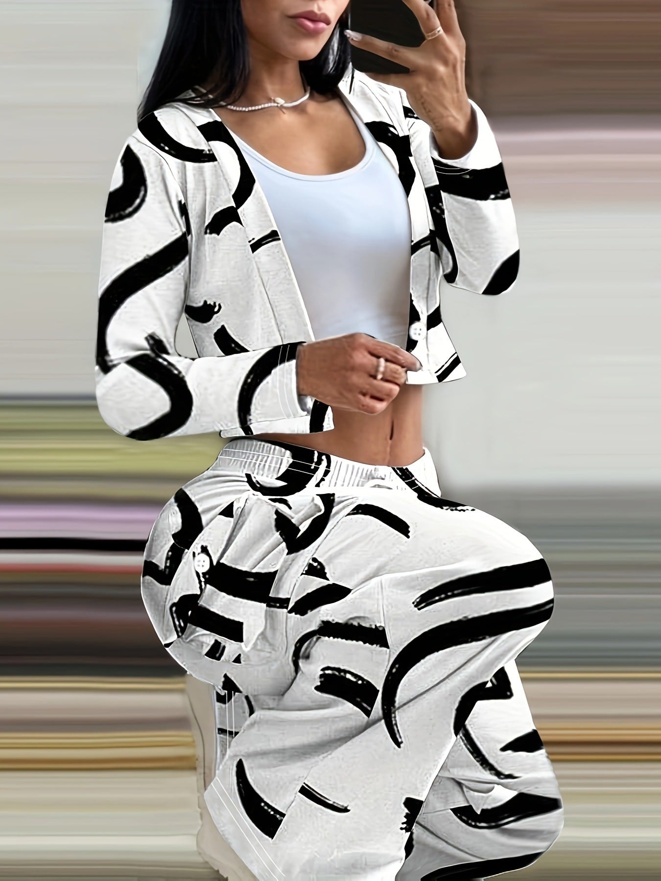 Women Autumn and Winter Geometric Line Print Casual Sexy Short Top and Pant Two-piece Set 11