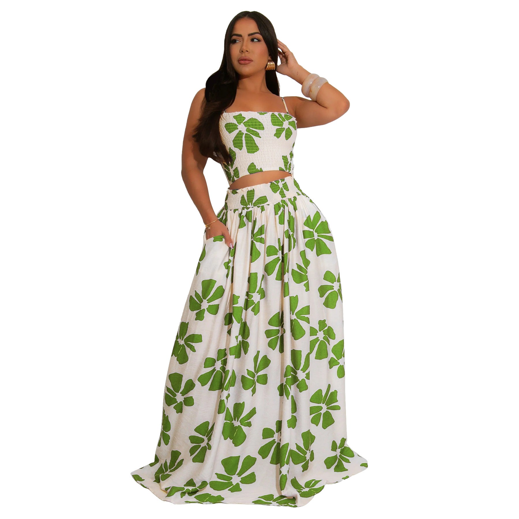 Women's Summer Bohemian Strap Top Swinging Skirt Two Piece Set 7