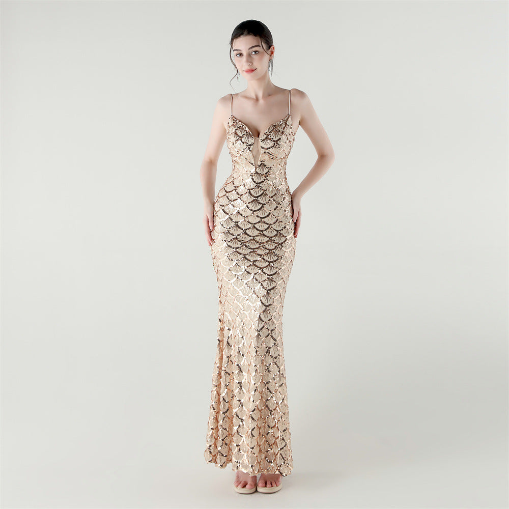 Deep V Strap Slim Fishtail Formal Party Evening Dress 5