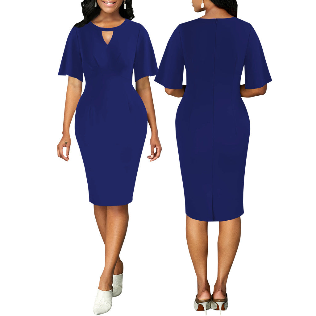 Women Sexy Solid Round Neck Short Sleeve Dress 12