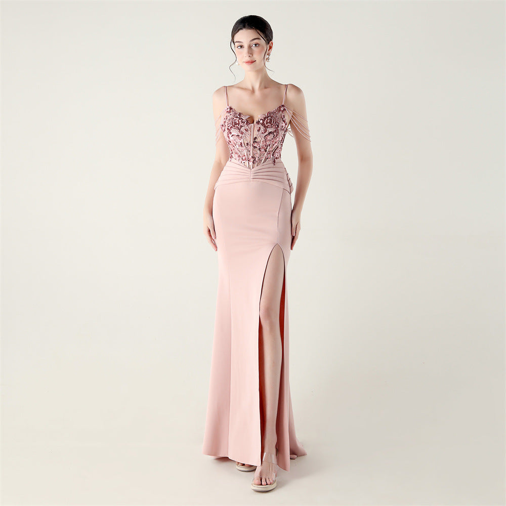 Women Applique Beaded Tube Fishbone Pressed Beaded Off-shoulder Sexy Evening Dress 3