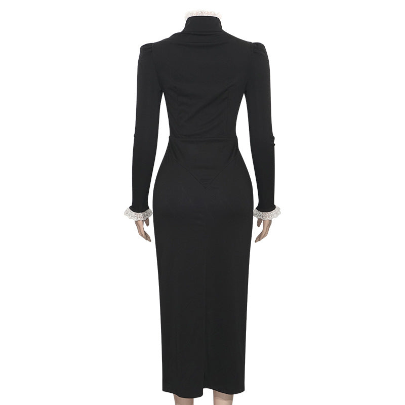 Spring Solid Color High Neck Lace Patchwork Long Sleeve Slim Dress 7