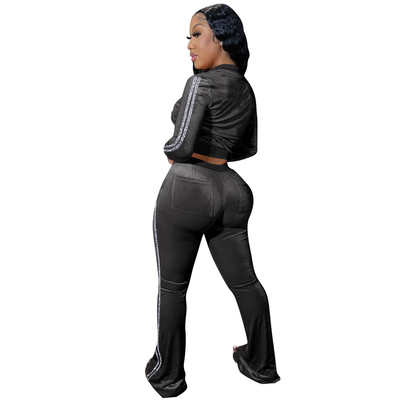 Women's Solid Velvet Casual Zip Top Wide Leg Pants Two Piece Tracksuit 51