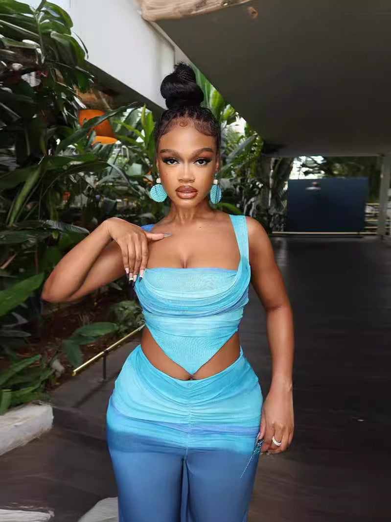 Women's Summer Fashion Printed Mesh Sexy Strap Vest Skirt Two Piece Set 4