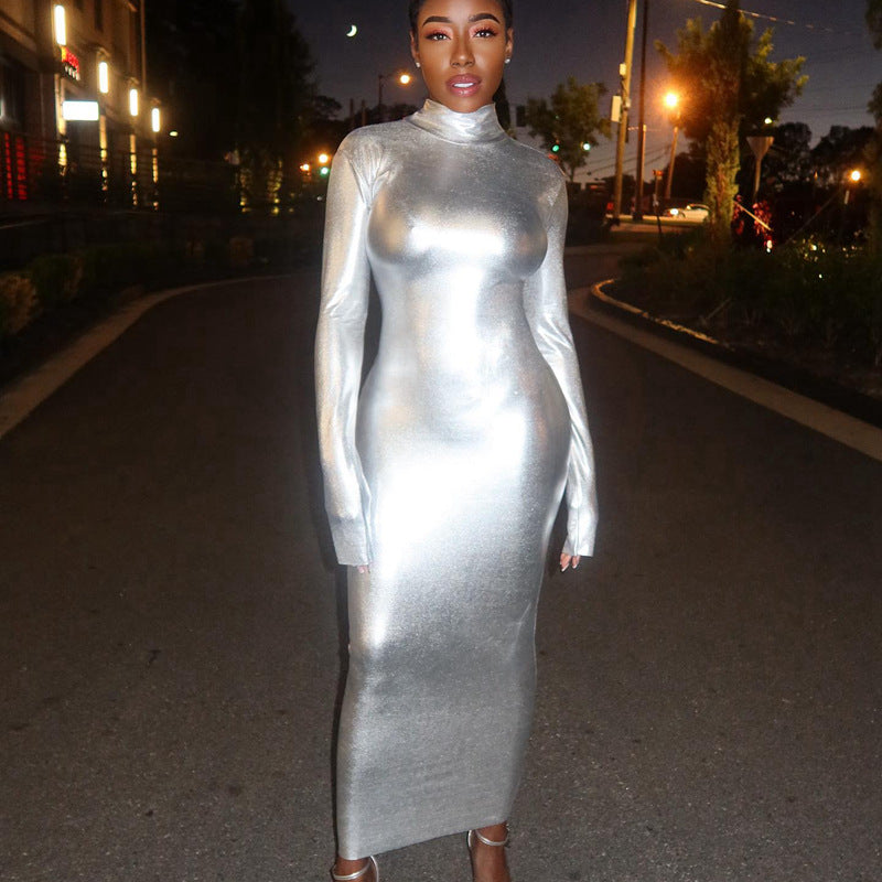 Women High Neck Long Sleeve Bodycon Maxi Dress 3