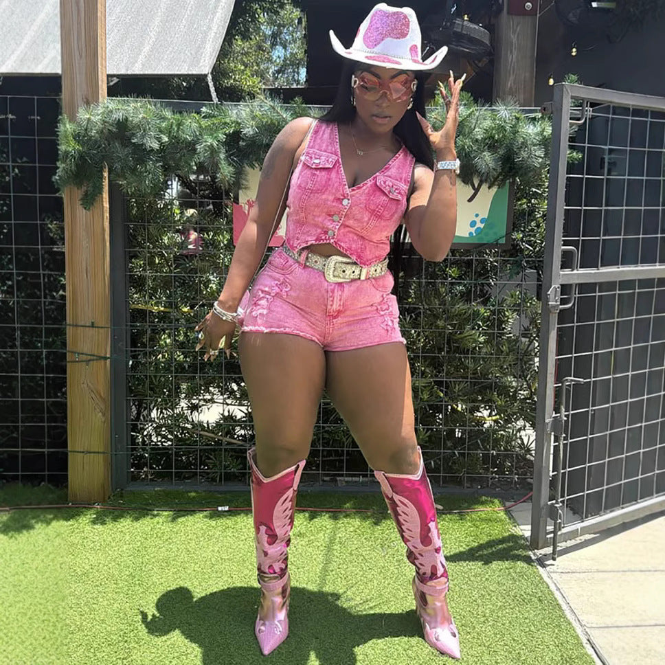 Women sretchy denim sleeveless vest top shorts two-piece set 3