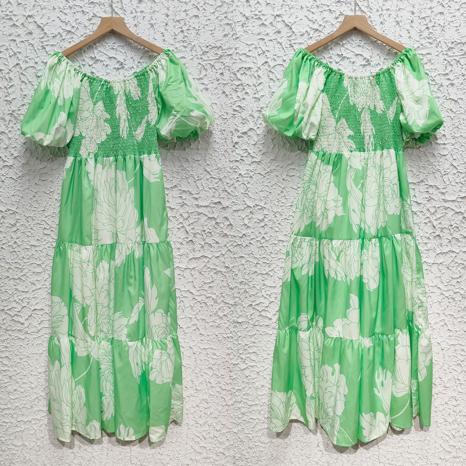 Women Elegant Print Off Shoulder Puff Sleeve Dress 10