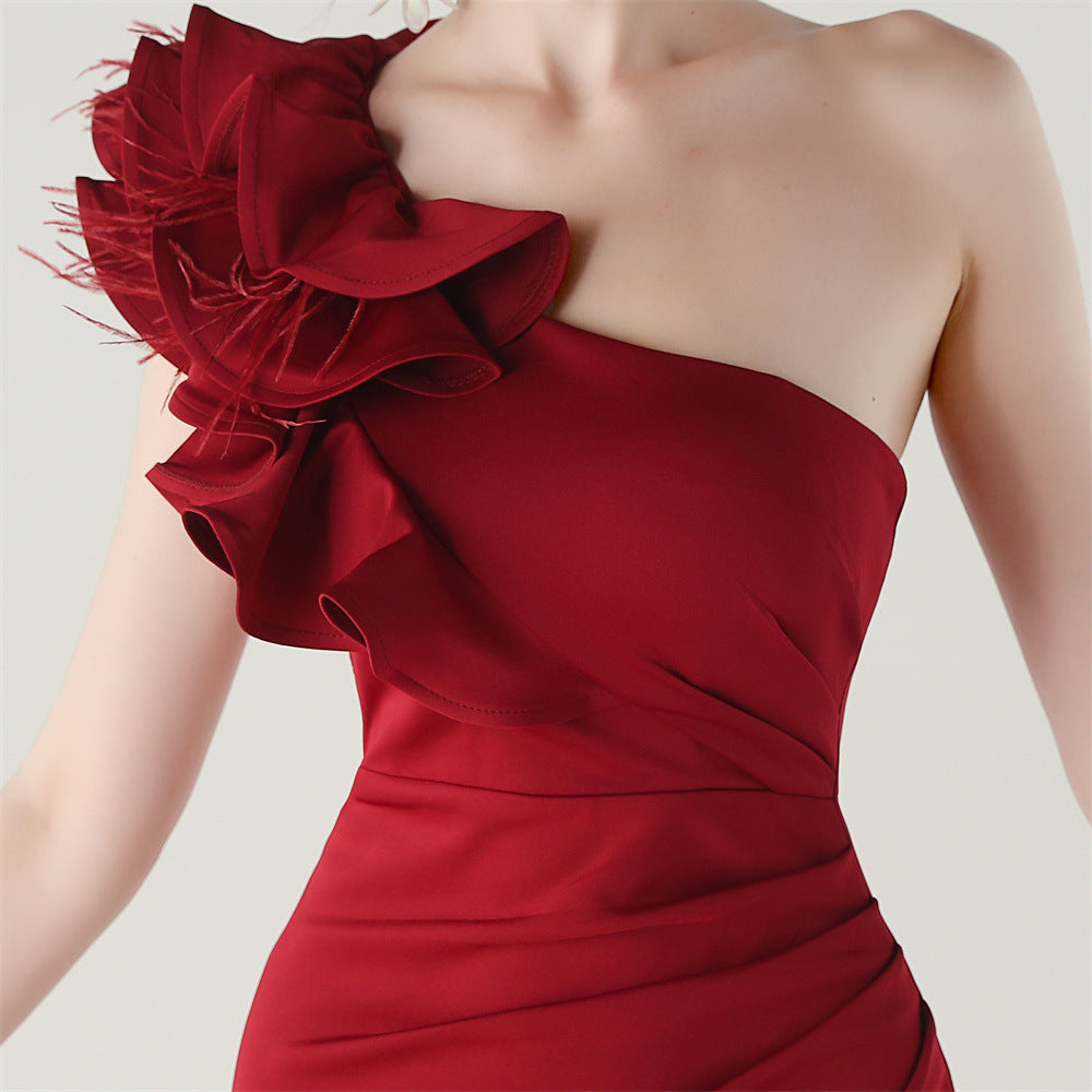 Women One-Shoulder Beaded Wool and Floral Satin Slit Sexy Evening Dress 59