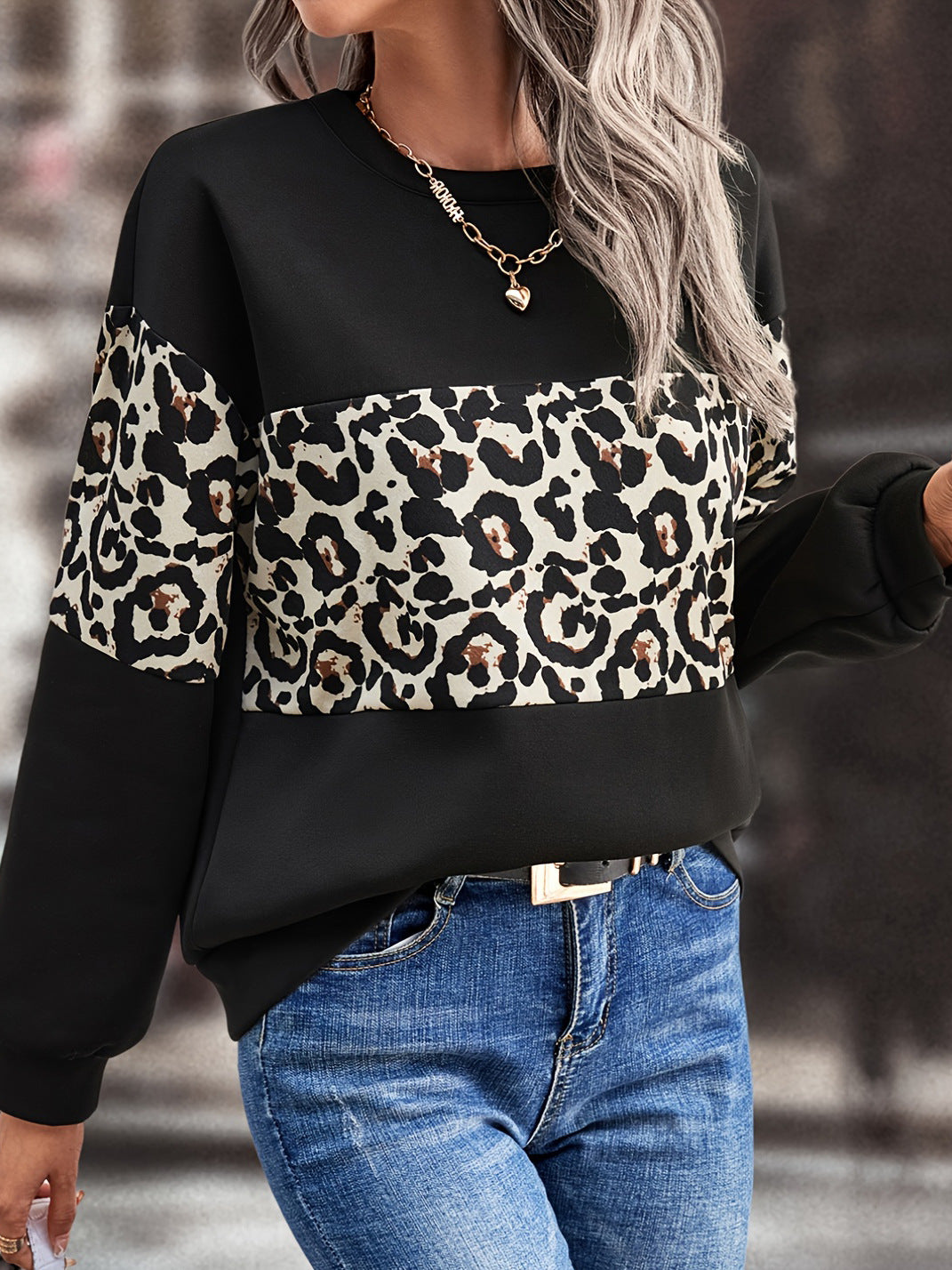 Women Autumn Loose Round Neck Long Sleeve Leopard Patchwork Top 7