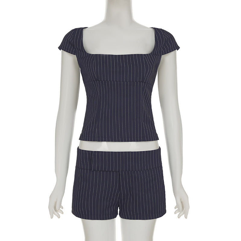 Casual Fashion Striped Low Back Top Shorts Casual Two-piece Set 7