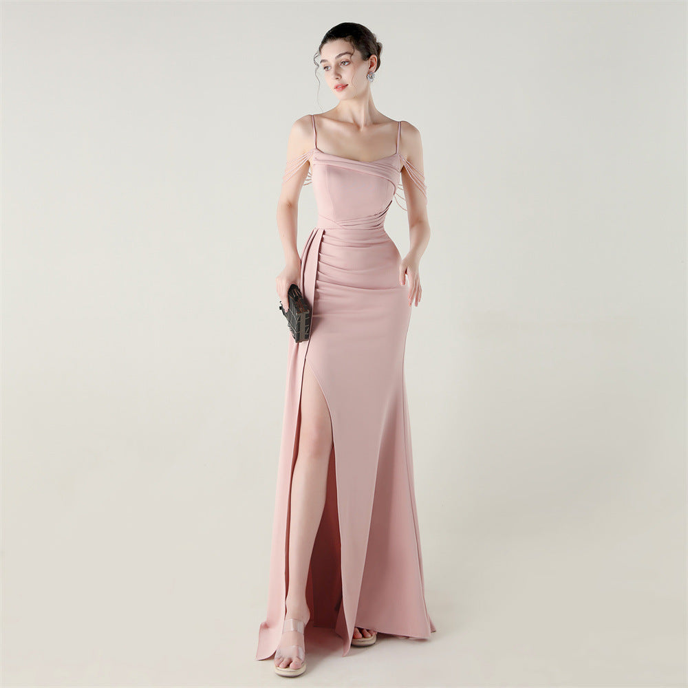 Women Strapless satin beaded chain fishtail evening dress 14