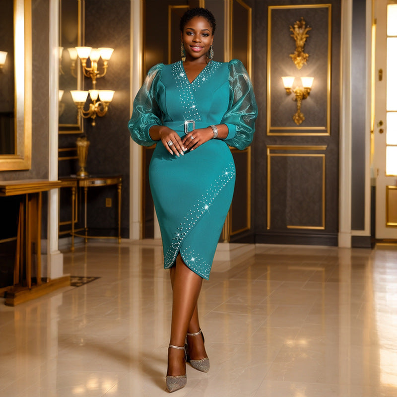 Fashion V-Neck See-Through Puff Sleeve High Waist Midi Dress