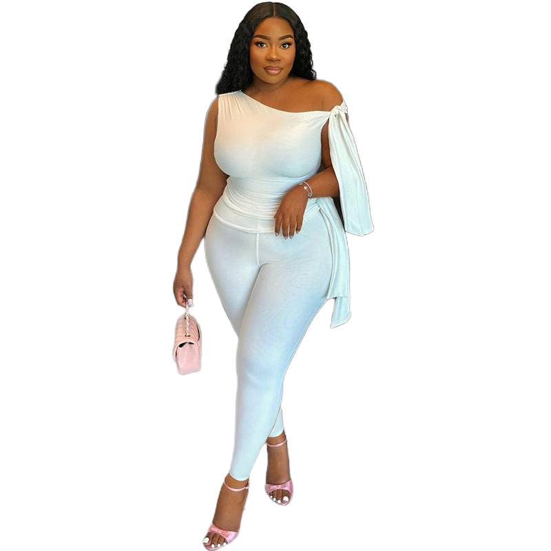 Summer Women's Lace-Up One-Shoulder T-Shirt High Waist Slim Casual Pants Two Piece Set For Women 6