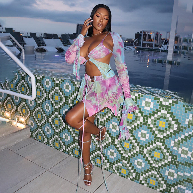 Women spring long-sleeved lace-up printed sexy irregular Top and Mini Skirt two-piece set 4