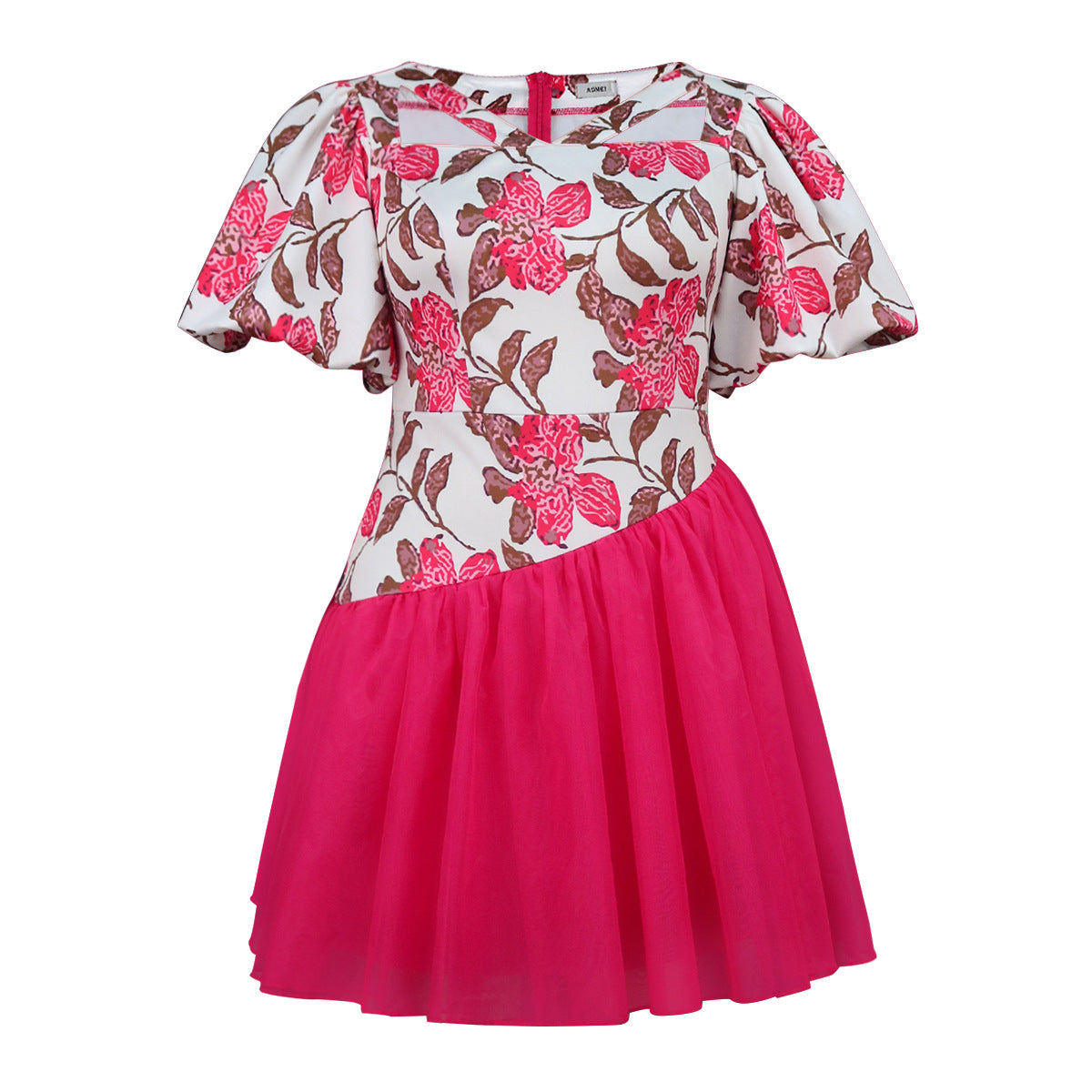 Spring Career V-neck lantern sleeve Mesh Patchowrk Printed A-line Swing dress 6