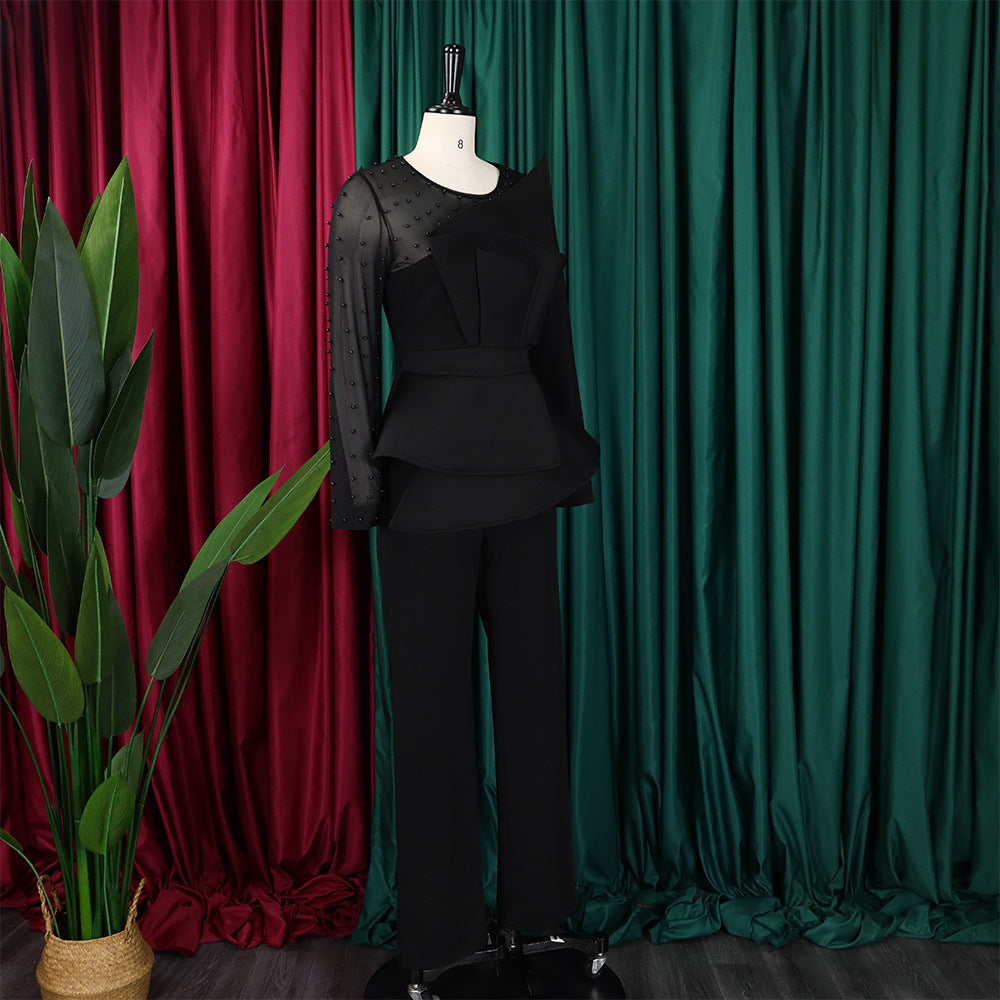 Long Sleeve Chic Mesh Patchwork Beading Slim Fit Formal Party Plus Size Jumpsuit 17