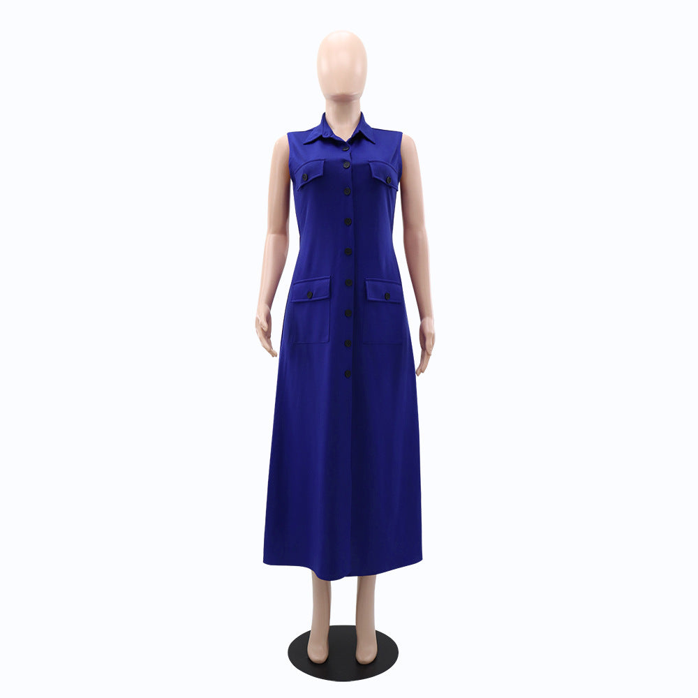 Women Turndown Collar Sleeveless Pocket Maxi Dress 7