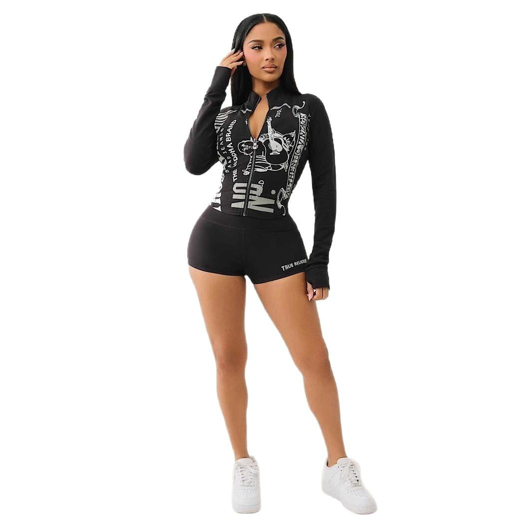 Women's Fashion Printed Long Sleeve Two Piece Shorts Set 9