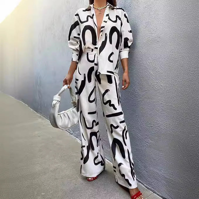 Fashion Print Casual Shirt Wide-Leg Pants Two-Piece Set 6