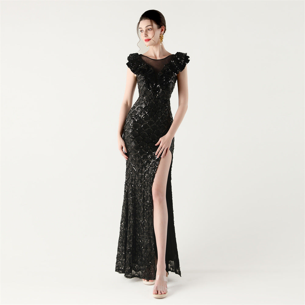 Sequined Ruffled Shoulder Sleeve Fishtail Slim Evening Dress for Formal Parties 10