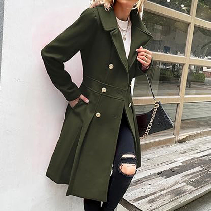 Women Fall and Winter Turndown Collar Double-Breasted Pocket Windbreaker 59