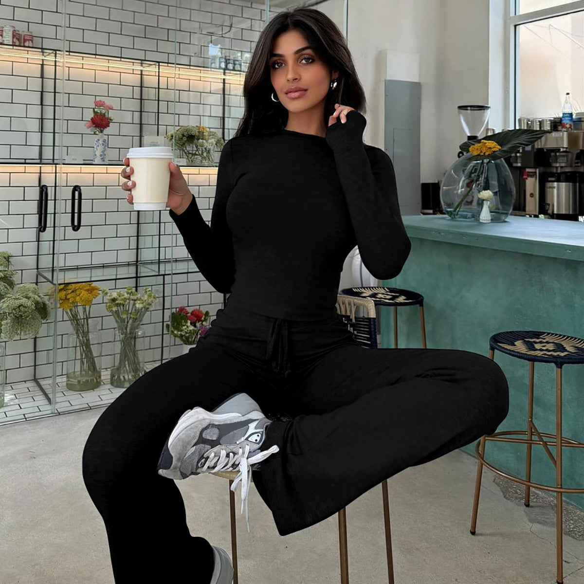 Women Autumn and Winter Crop Long Sleeve Top Lace Bell Bottom PantTwo Piece Set 3