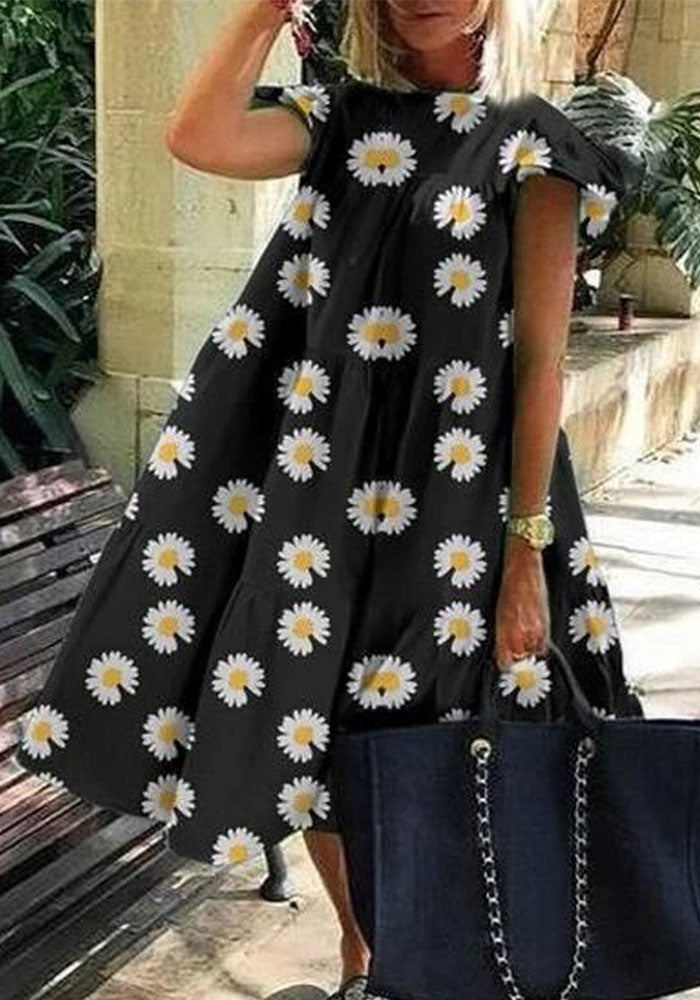 Plus Size Women Summer Dress Round Neck Pink Maple Leaf Casual Beach Dress