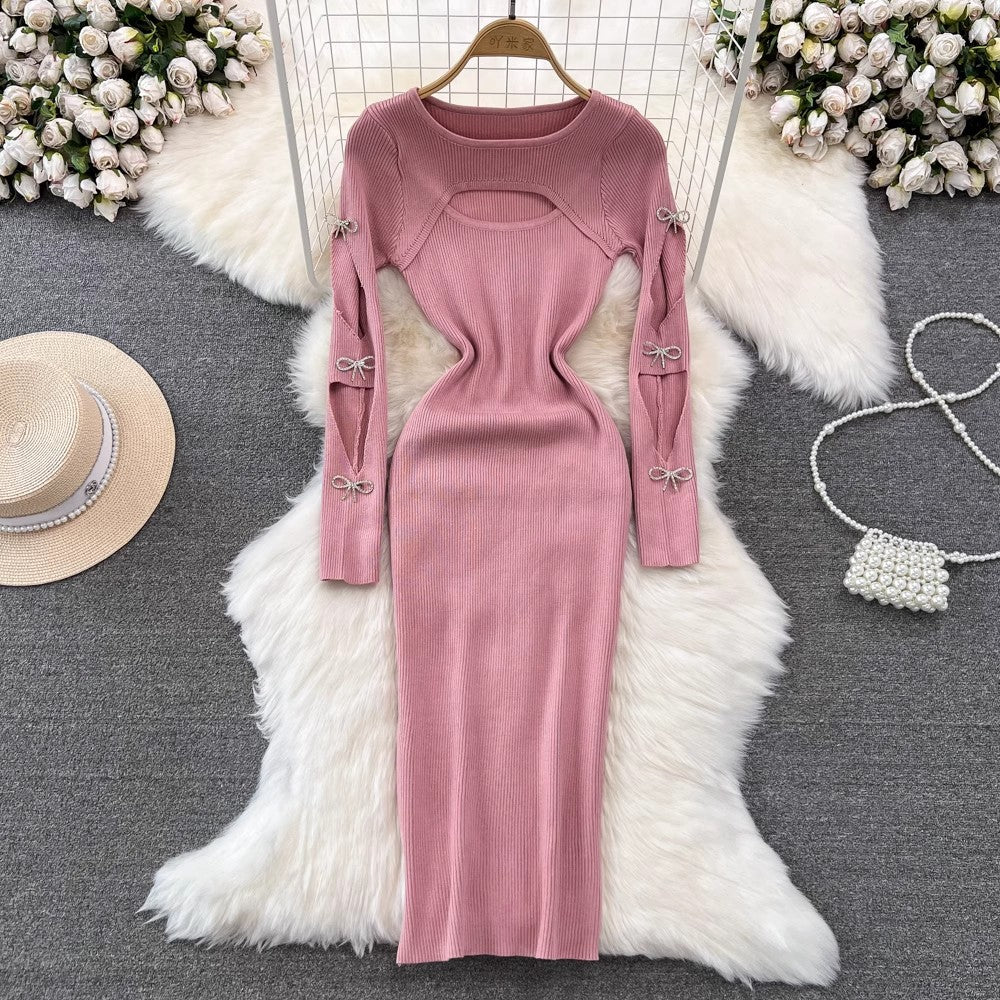Autumn And Winter Sexy Long Sleeve Round Neck Hollow Slim Waist Slim Fit Knitting Bodycon Basic Dress