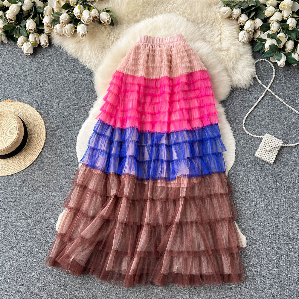 Women  Irregular Gradient Cascading Ruffles Puffy Mesh Skirt 28