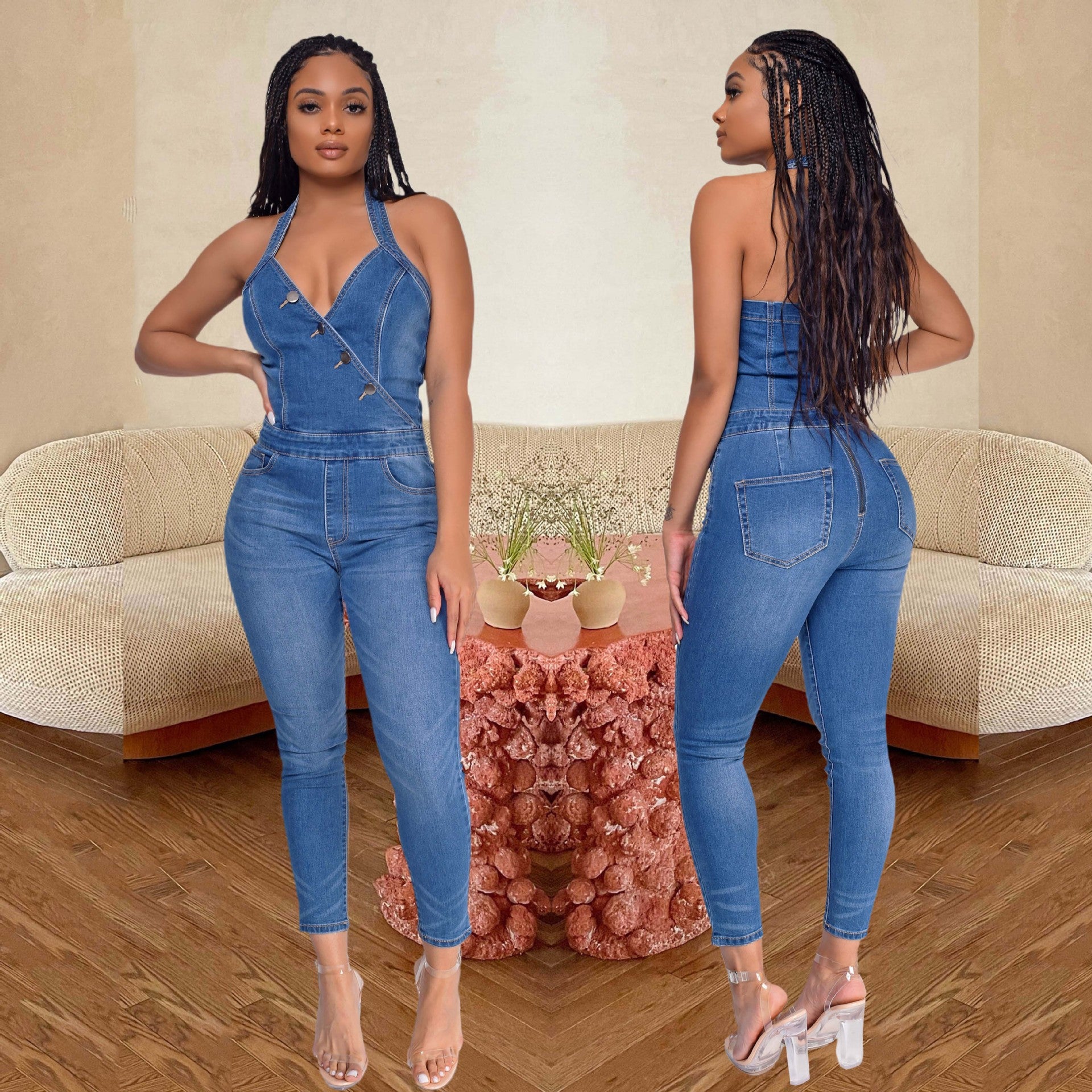 Women Slim Sleeveless Halter Neck Denim Jumpsuit 3