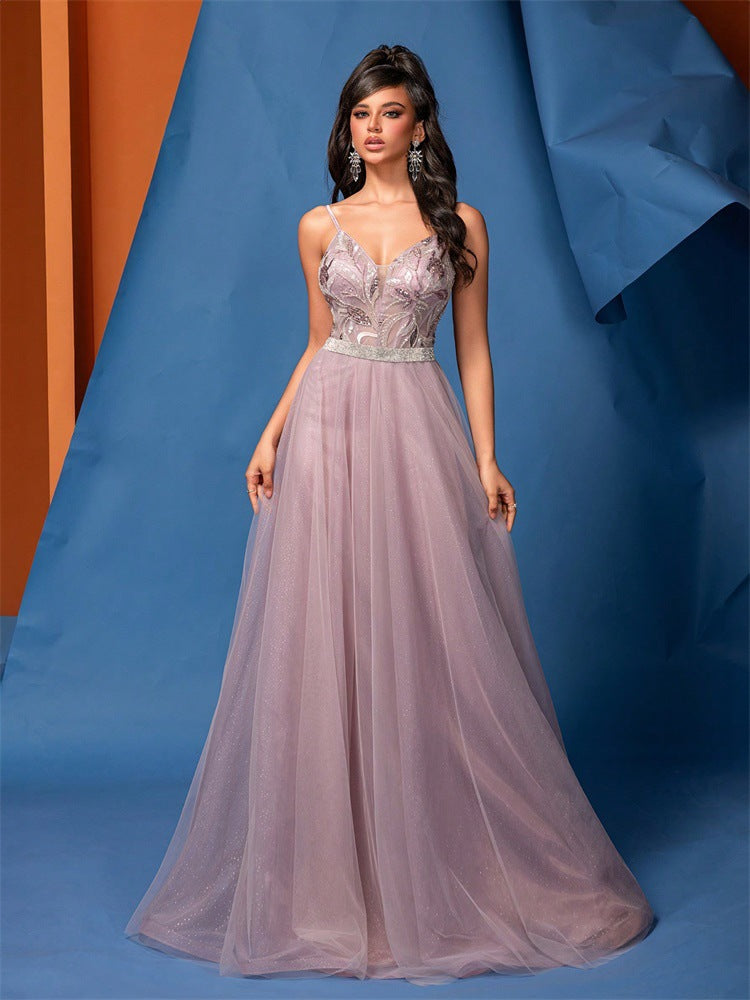 Women's Elegant A-Line Low Back Beaded Mesh Pink Sequin Strap Bridesmaid Formal Evening Dress 7