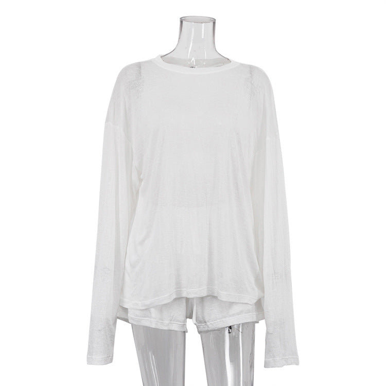 Women Spring Casual Solid See-Through Round Neck Long Sleeve Top Lace-Up Shorts Two-Piece Set 7